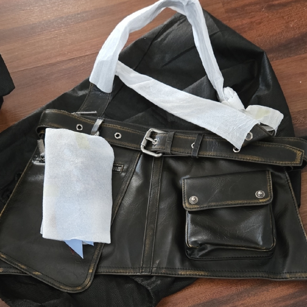 Womens Black Leather Waist Bag with Belt Strap